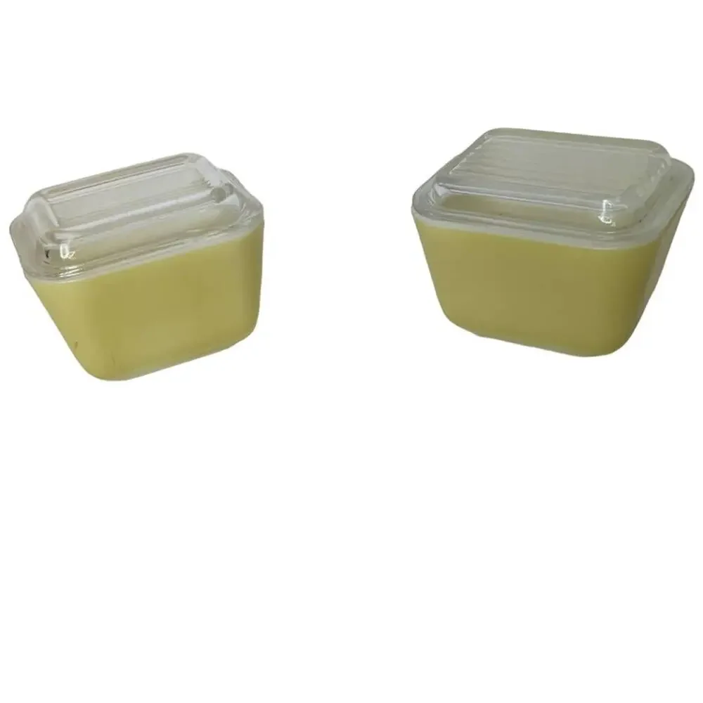 Set of 2 Vintage Pyrex yellow green fridgies 501 B 1 1/2 cup PYREX USA Made